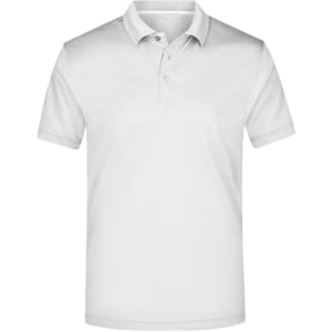 A white men's polo shirt featuring a collar, short sleeves, and a front placket with buttons. It has a logo.
