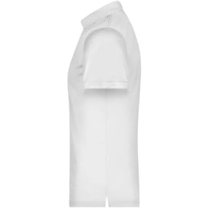 A white men's polo shirt displayed from the side. It features a collar and short sleeves. The shirt has a logo.