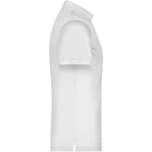 A white men's polo shirt with a collar, displayed from the side. It features short sleeves and a branding logo.