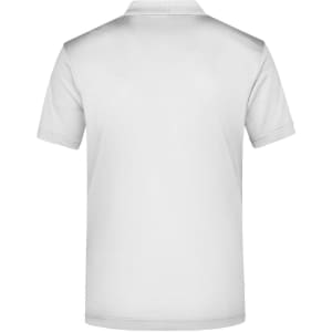 A plain white men's polo shirt featuring a collar and short sleeves, with a logo on the back.