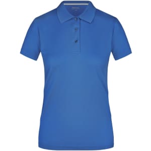 A women's polo shirt in a vibrant blue colour with a collared neckline and three buttons, featuring a logo.