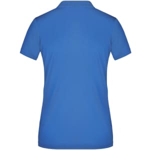 A blue ladies polo shirt featuring a classic design and a logo on the back.