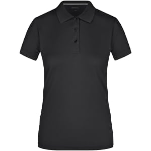 A black ladies polo shirt featuring a collared neckline and three button placket. It has a logo on the chest.