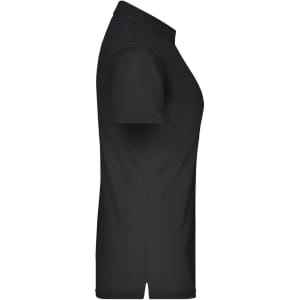 A black ladies' polo shirt featuring a classic collar and short sleeves, shown from the side. It has a logo.