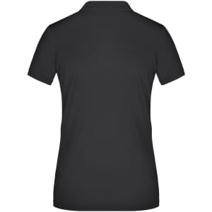 A black ladies' polo shirt with a classic collar and short sleeves, featuring a logo on the side.