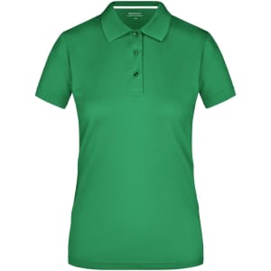 A green ladies polo shirt featuring a classic collar and three-button placket, with a logo on the chest.