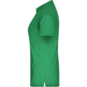 A side view of a green ladies polo shirt featuring a collar and short sleeves, with a logo present.