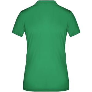 A green ladies polo shirt with a plain back and a collar. Features a logo at the front.