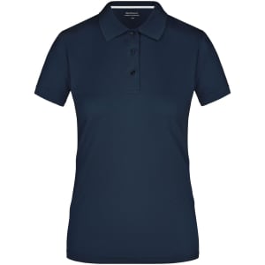 A navy blue ladies polo shirt with a collar and three buttons, featuring a logo.
