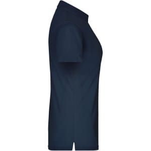 A navy blue ladies polo shirt with a classic collar and short sleeves, featuring a brand logo.