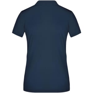 A navy blue ladies' polo shirt with a classic collar and short sleeves, featuring a logo on the back.