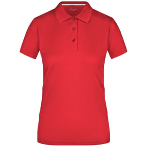 A red ladies polo shirt with a collar and three buttons, featuring a logo on the chest area.