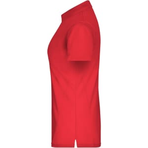 A red ladies polo shirt in a side view, featuring a collar and short sleeves. It includes a logo on the front.