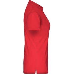 A red ladies polo shirt with a side view showcasing its sleek design and short sleeves. It features a logo.
