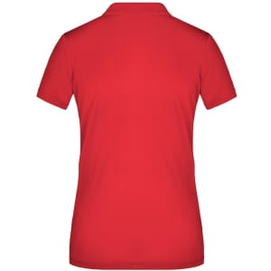 A red ladies polo shirt featuring a classic design and a logo on the back.