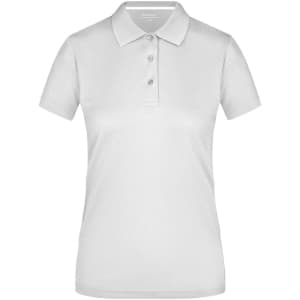 A white ladies polo shirt with a collared neckline and three buttons, featuring a logo on the chest.