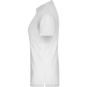 A white ladies polo shirt displayed from the side, featuring a classic collar and short sleeves. It has a logo.