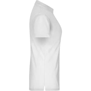 A white polo shirt in a side view, featuring a collar and short sleeves. The shirt has a logo on it.