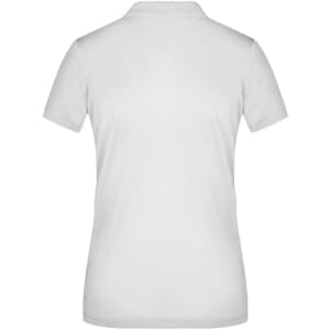 A white ladies' polo shirt featuring a classic polo collar and a discreet logo on the back.