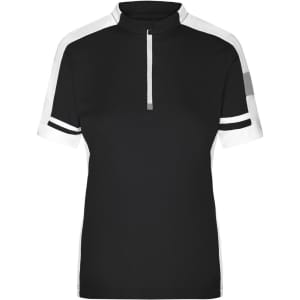 A black and white track jacket with a half zip and short sleeves, featuring contrasting panels and a logo.