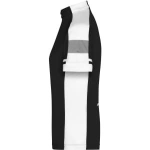 A half-zip track jacket for ladies featuring a side view in black and white with a logo present.