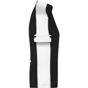 A track jacket in black and white, featuring a half zip and side panels. The jacket has a logo.