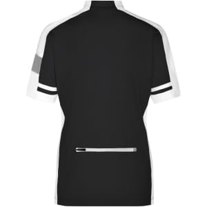 A black and white ladies track jacket featuring a half zip closure and a rear pocket, with a logo present.