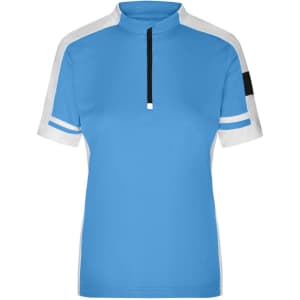 A light blue half-zip track jacket for ladies, featuring white and black accents and a logo on the sleeve.