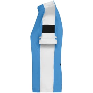 A side view of a Ladies Bike-T Half Zip jacket in blue and white, featuring a black stripe and a logo.