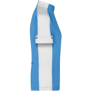 A track jacket featuring a blue and white design, with short sleeves and a logo on the side.