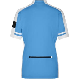 A light blue track jacket with white and black accents, featuring a zippered pocket on the back and a logo.