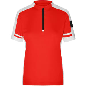 A red half zip track jacket with white accents and a logo on one sleeve.