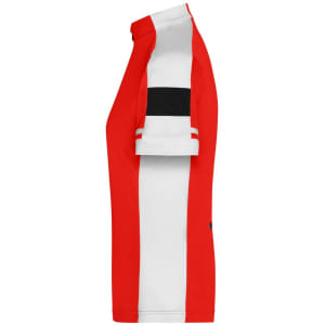 A track jacket with a half zip, featuring red, white, and black colours. It has a logo on the front.