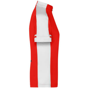 A track jacket in red with white side panels, featuring a partial zip and a logo.