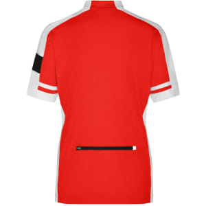 A red track jacket with a half zip, featuring white and black accents and a rear pocket. It has a logo on it.