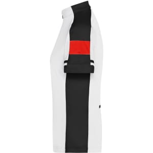 A half zip track jacket for ladies, featuring a white base with black and red accents. It has a logo on the side.