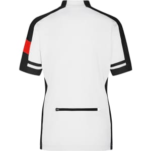 A white ladies' track jacket with black and red accents, featuring a zippered pocket on the back and a logo.