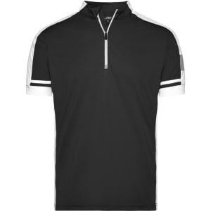 A black half-zip T-shirt featuring white stripe accents on the shoulders and sleeves. It has a small collar and a branding logo.