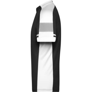 A side view of a men's half zip t-shirt in black, white, and grey, featuring a logo on the upper chest.