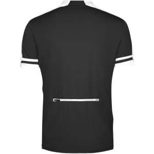 A black half-zip men's bike shirt featuring white accents and a zippered back pocket.