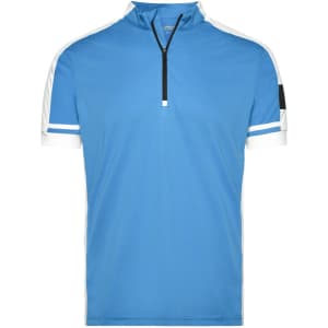 A blue half-zip cycling shirt with white sleeves and a small logo.