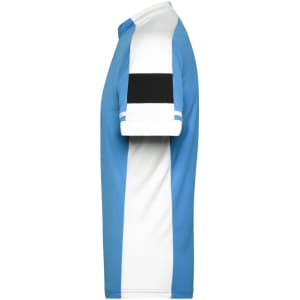 A men's half zip T-shirt in blue and white with short sleeves and a logo on the side.
