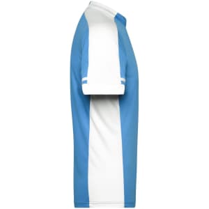 A side view of a light blue and white men's T-shirt with a half zip, featuring a logo on the fabric.
