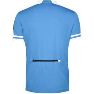 A blue men's half-zip bike shirt with white accents and a rear zip pocket. Features a logo on the sleeve.