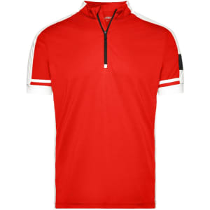 A red men's bike half zip shirt featuring white accents on the sleeves and a small logo on the side.