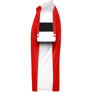 A red and white half-zip men's t-shirt with a black stripe on the sleeve and a logo.