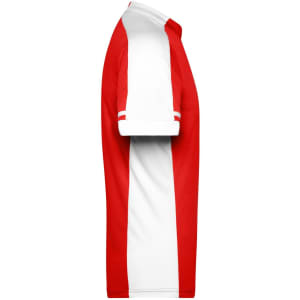 A side view of a men's half-zip shirt in red and white, featuring short sleeves and a logo.