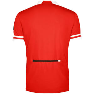 A red men's half zip bike shirt featuring white stripes and a back pocket. Includes a logo on the sleeve.