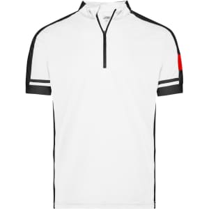 A white half-zip t-shirt with black accents and a red detail on the sleeve, featuring a logo.
