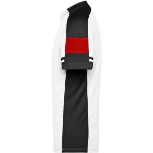 A half-zip men's t-shirt in white, black, and red, featuring a logo on the side.